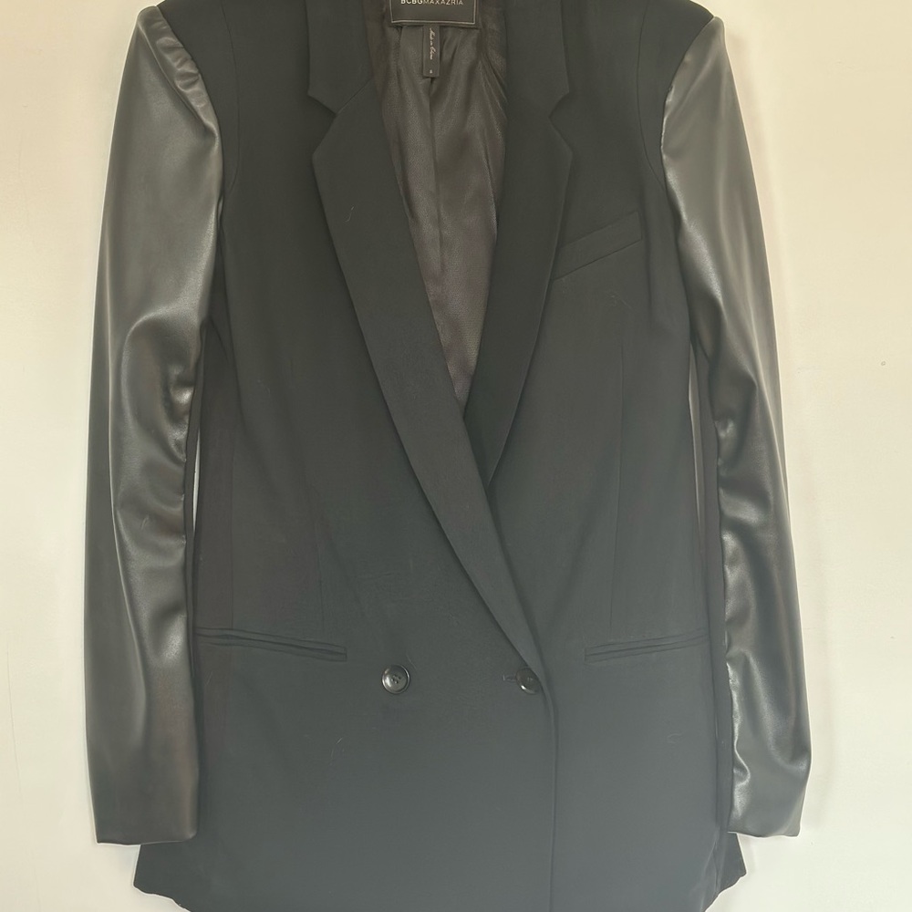 BCBGMaxAzria Black Blazer with Vegan Leather Sleeves and Statement Shoulders